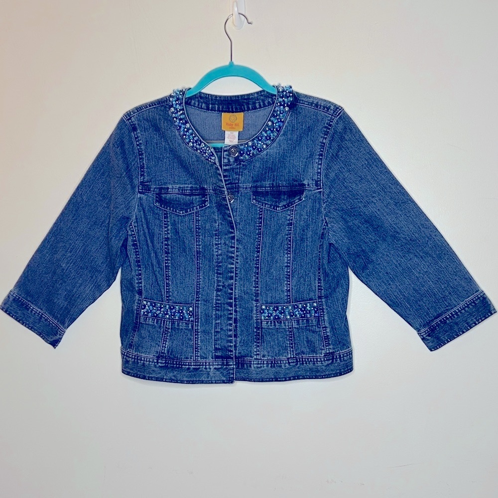 Ruby Rd. Denim Jean Jacket with Bead Embellishments Dark Indigo Wash SZ 14P